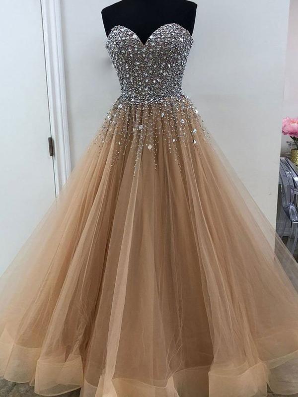 Champagne Prom Dress, Beaded Prom Dress, Luxury Prom Dress, Sweetheart Neck Prom Dress, Prom Ball Gown, Elegant Prom Dress, Crystals Prom Dress,