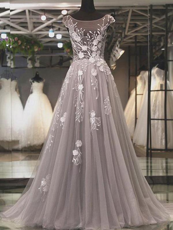 Gray Prom Dress, Lace Applique Prom Dress, Cap Sleeve Prom Dress, 2023 Prom Dresses, Modest Prom Dress, Vintage Prom Dress, Prom Dresses 2022,
