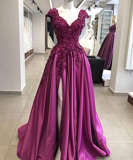 Cap Sleeve Prom Dress, Purple Prom Dress, Fuchsia Prom Dress, Elegant Prom Dress, Lace Applique Prom Dress, Prom Gown, Prom Dresses 2022, Beaded