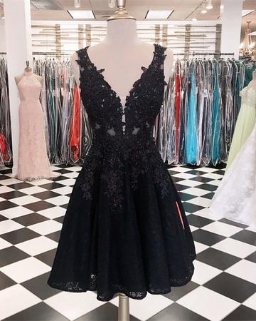 Short Prom Dress, Black Prom Dress, Lace Applique Prom Dress, Prom Dress, Elegant Prom Dress, V Neck Prom Dress, Short Homecoming Dress,
