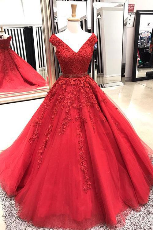 V Neck Prom Dress, Red Prom Dress, Lace Applique Prom Dress, Elegant Prom Dress, Beaded Prom Dress, Prom Dresses Long, 2023 Prom Dress, Prom