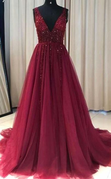 V Neck Prom Dress, Burgundy Prom Dress, Beaded Prom Dress, A Line Prom Dress, Elegant Prom Dress, Prom Dress, Senior Formal Dress, Custom Make