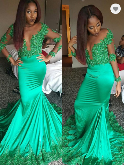 Long Sleeve Evening Dress, Green Evening Dress, Mermaid Evening Dress ...