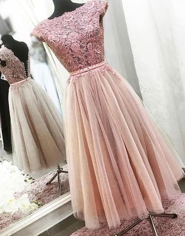 Short Prom Dress, Cap Sleeve Prom Dress, Lace Applique Prom Dress, Ankle Prom Dress, Vintage Prom Dress, Dusty Pink Prom Dress, Short Prom