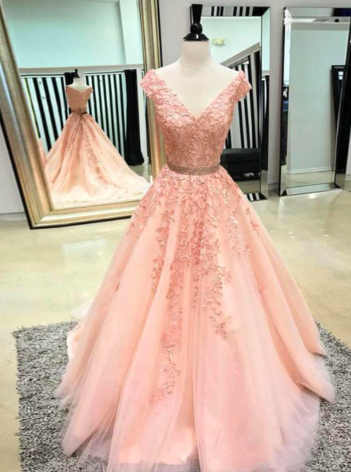 Pink Prom Dress, V Neck Prom Dress, Lace Applique Prom Dress, Short Sleeve Prom Dress, Beaded Prom Dress, Senior Formal Dress, Prom Dresses 2020,