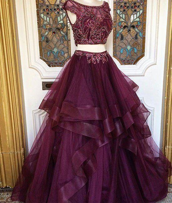 Two Piece Prom Dresses, Deep Purple Prom Dress, Elegant Prom Dress, Beaded Prom Dress, Tiered Prom Dress, Prom Gown, Vestido De Festa, Robe De