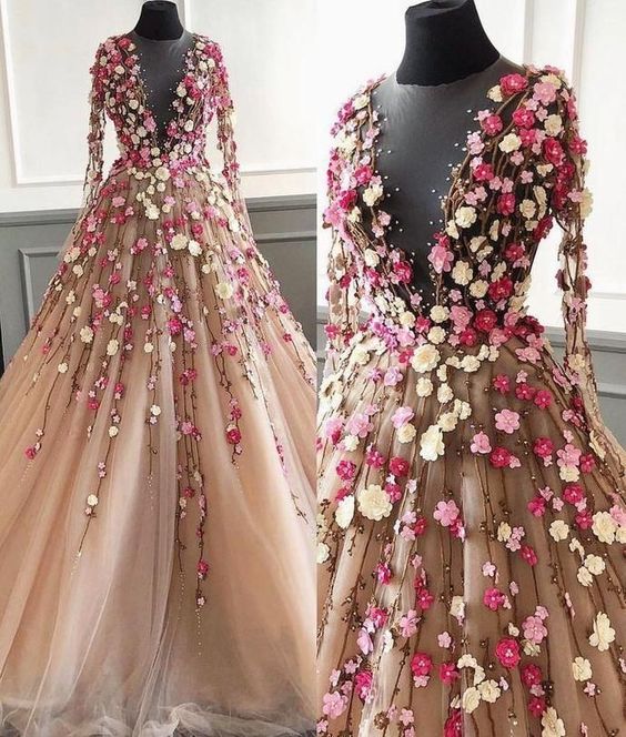Champagne Prom Dress, 3d Flowers Prom Dress, Long Sleeve Prom Dress, Elegant Prom Dress, Prom Ball Gown, Prom Dress, Vestido De Graduacion, Robe
