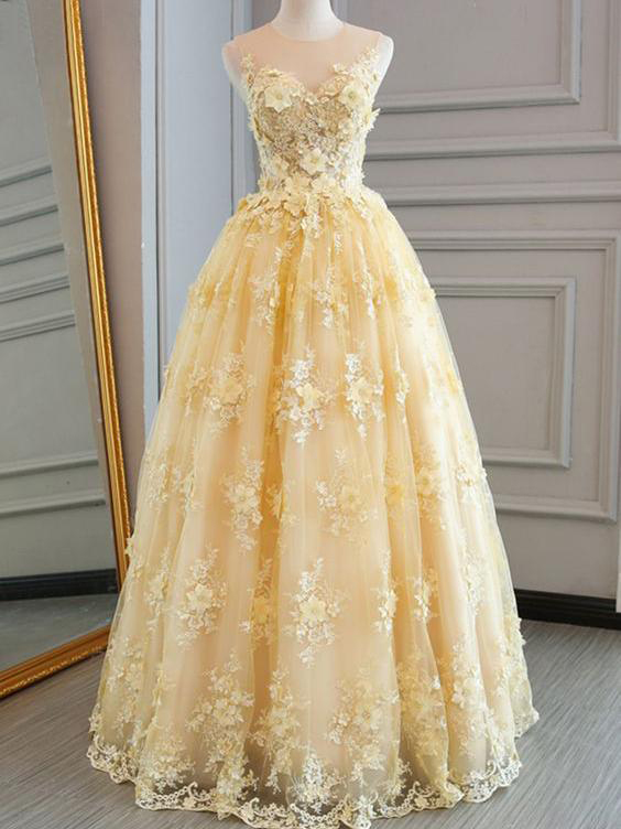 Sleeveless Prom Dress, Yellow Prom Dress, Lace Applique Prom Dress, 3d Flowers Prom Dress, Elegant Prom Dress, Prom Gown, Vestido De Festa De
