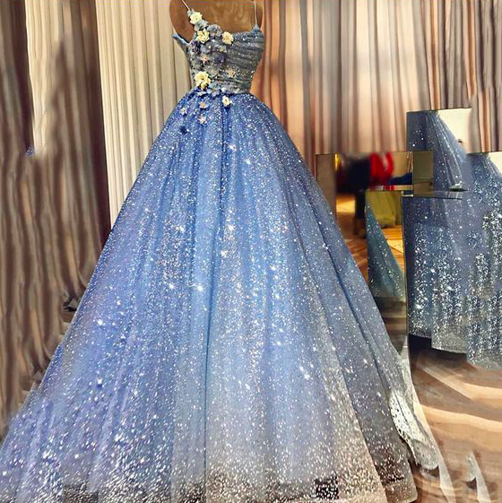 Sparkly Prom Dress, Blue Prom Dress, Prom Dresses 2022, Spaghetti Strap Prom Dresses, 3d Flowers Prom Dress, Vestido De Festa De Longo, Robe De