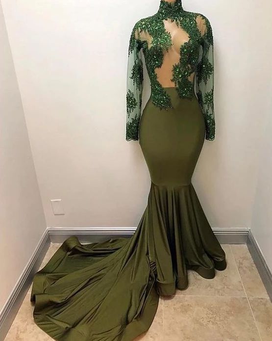 Green Evening Dress, Long Sleeve Evening Dress, Mermaid Evening Dress, High Neck Evening Dress, Sexy Formal Dress, Evening Gown, 2022 Evening