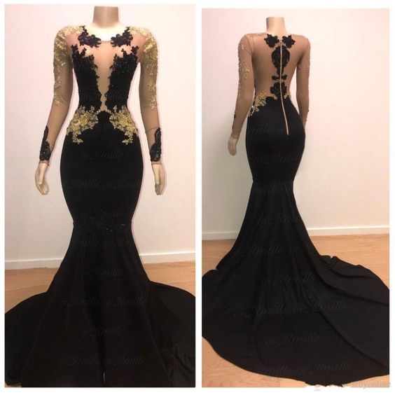 Gold Lace Applique Evening Dress, Black Evening Dress, Modest Evening Dress, Robe De Soiree, Elegant Evening Dress, Long Sleeve Evening Dress,