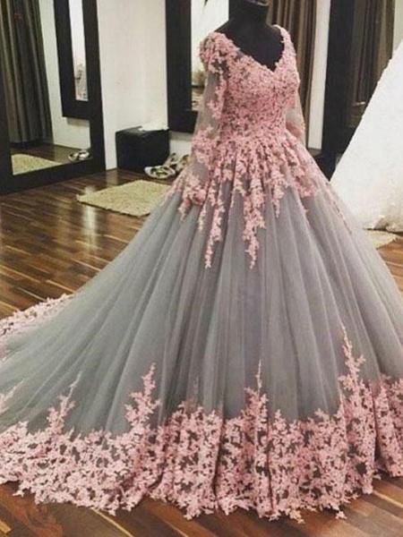 Gray Pink Prom Dress, Lace Applique Prom Dress, Elegant Prom Dress, Prom Ball Gown, Long Sleeve Prom Dress, Vestido De Graduacion, Robe De