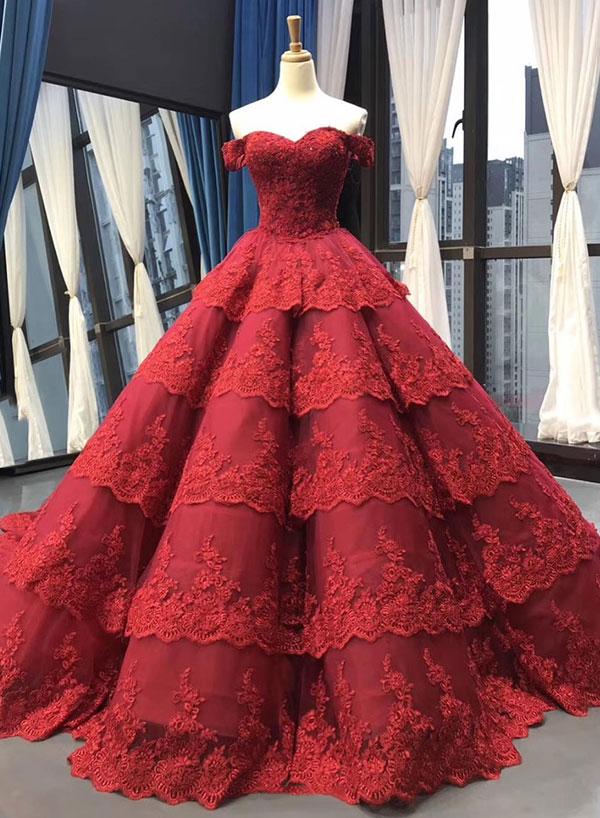 Red Ball Gown Lace Appliques Sequins High Neck Long Sleeve Luxury Wedding  Dress