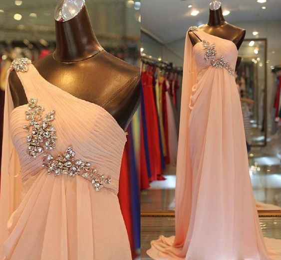 Pink Prom Dress, One Shoulder Prom Dress, Robe De Soiree, Vestido De Festa De Longo, Chiffon Prom Dress, Beaded Prom Dress, A Line Prom Dress,