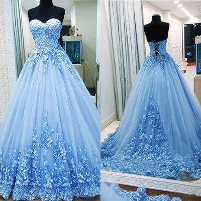Blue Prom Dress, Lace Applique Prom Dress, Prom Ball Gown, 3d Flowers Prom Dress, Elegant Prom Dress, Real Photo Prom Dress, 2023 Prom Dress,