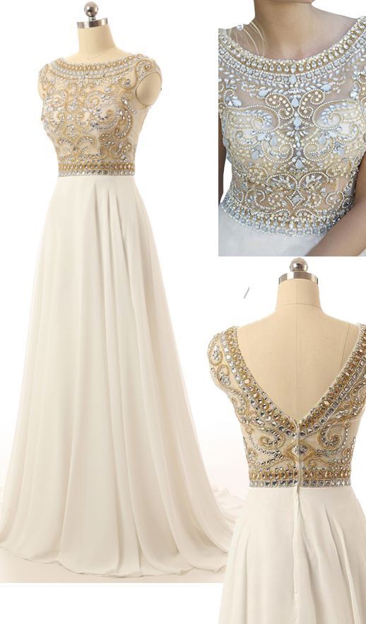 Ivory Prom Dress, Cap Sleeve Prom Dress, 2022 Prom Dresses, Beaded Prom Dress, Crystals Prom Dress, Chiffon Prom Dress, Vestidos De Fiesta, A
