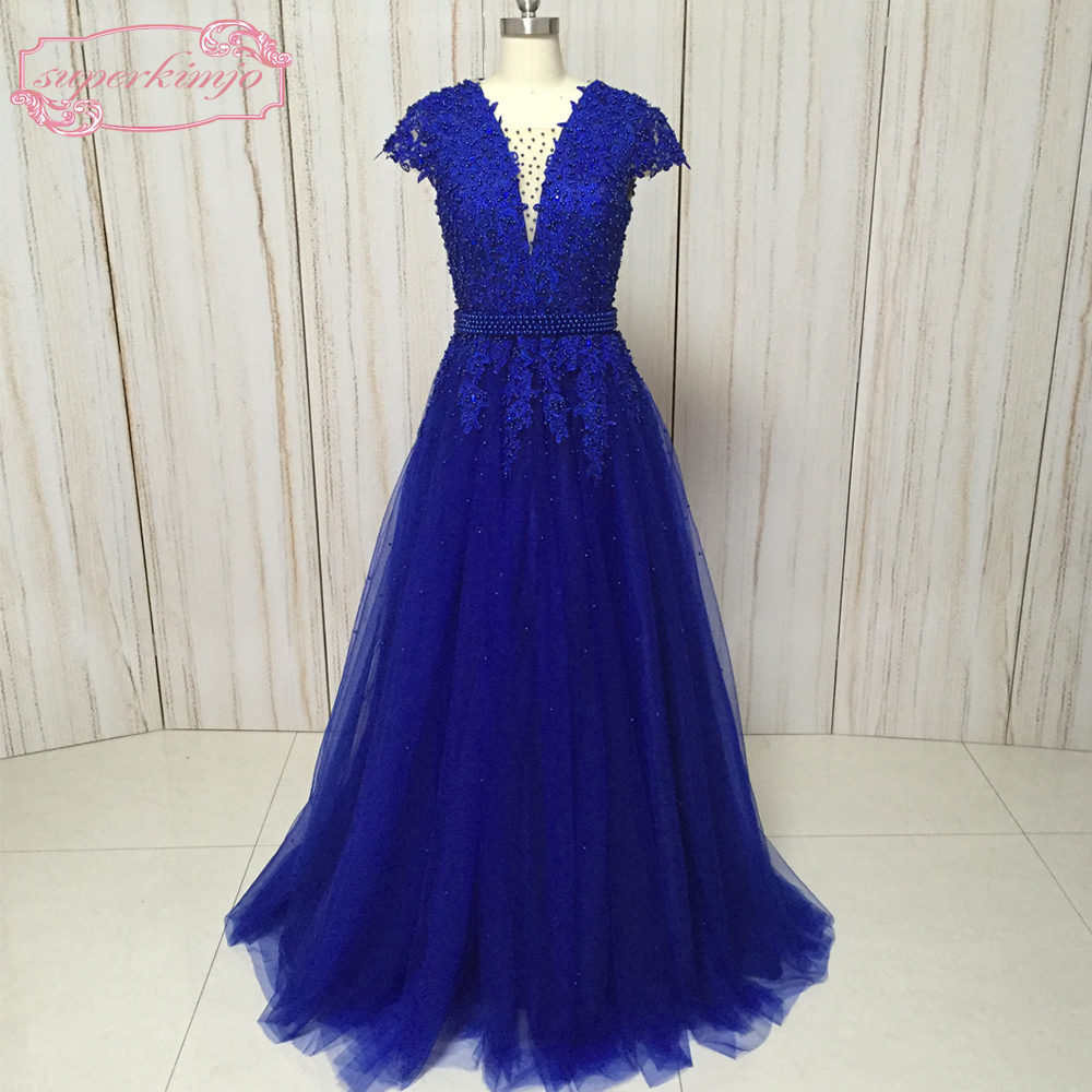 Royal Blue Prom Dress, Lace Applique Prom Dress, Cap Sleeve Prom Dress, Prom Gown, Vestido De Longo, A Line Prom Dress, Beaded Prom Dress,