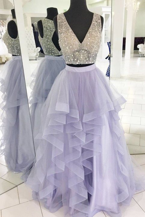 Lavender Prom Dress, Beaded Prom Dress, Crystal Prom Dress, 2022 Prom Dresses, V Neck Prom Dress, Two Piece Prom Dresses, Purple Prom Dress, Prom