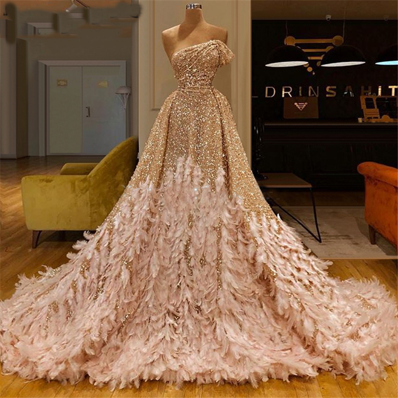 One Shoulder Prom Dress, Ball Gown Prom Dress, Champagne Prom Dress, Feather Prom Dress, 2023 Prom Ball Gown, Luxury Prom Dress, Sparkly Prom