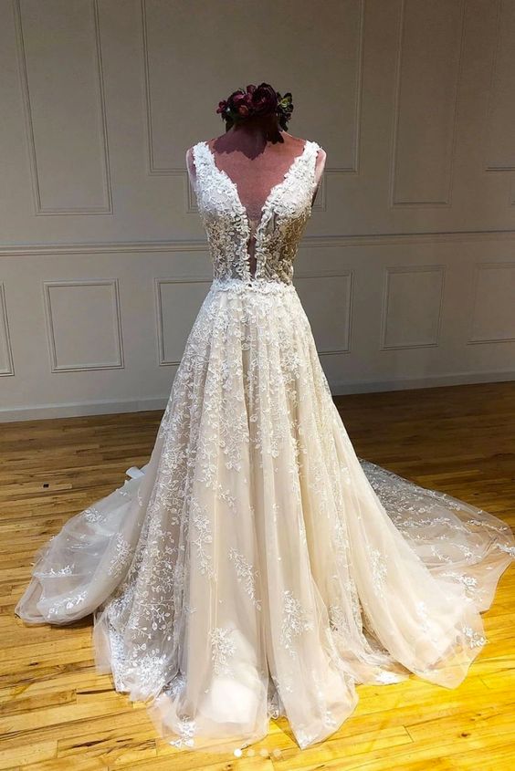 A Line Wedding Dress, Lace Applique Wedding Dress, Robe De Mariage, Vestidos De Novia, V Neck Wedding Dress, Elegant Wedding Dress, Bridal
