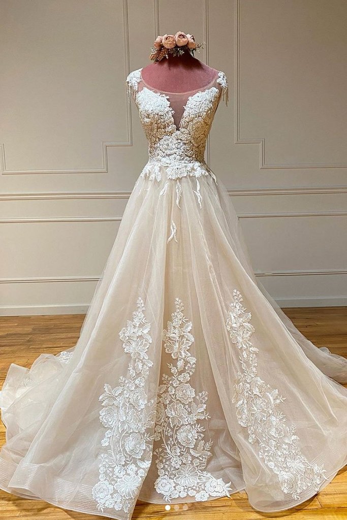Light Champagne Wedding Dress, Lace Applique Wedding Dress, A Line Wedding Dress, Wedding Gown, Vestido De Novia, Cap Sleeve Wedding Dress,