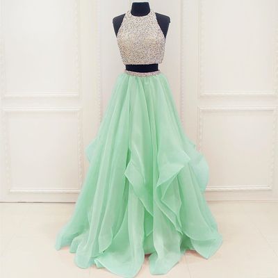 Mint Green Prom Dress, Beaded Prom Dress, Elegant Prom Dress, 2 Piece Prom Dresses, Robes De Cocktail, Tulle Prom Dress, Prom Gown, Robe De
