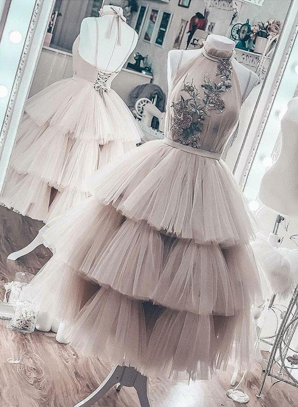 Dusty Pink Prom Dress,high Neck Prom Dress, Tiered Prom Dress, Prom Gown, Embrodiery Applique Prom Dress, Elegant Prom Dress, Tea Length Prom
