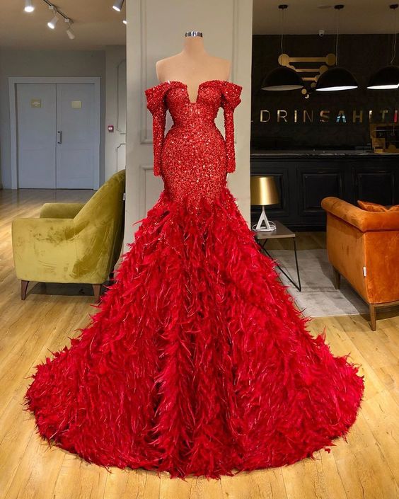 Red Evening Dress, 2023 Evening Dress, Feather Evening Dresses, Luxury Evening Dress, Sparkly Evening Dresses, Modest Evening Dress, Vestido De