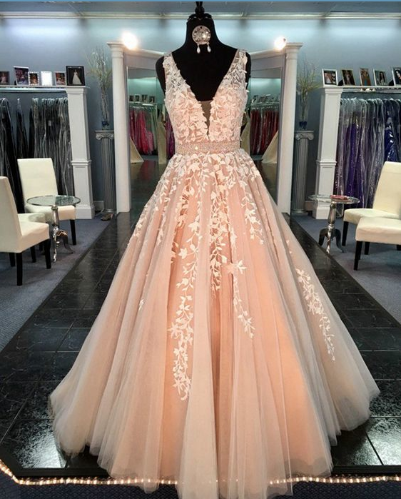 Dusty Pink Prom Dresses, Lace Applique Prom Dress, V Neck Prom Dress, Vestido De Longo, Beaded Prom Dresses, 2023 Prom Dress, Sleeveless Prom