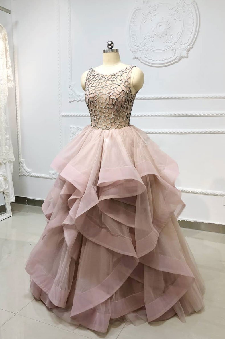 O Neck Prom Dress, Tiered Prom Dresses, Sleeveless Prom Dresses, Dusty Pink Prom Dress, 2023 Prom Dresses, Beaded Prom Dresses, Elegant Prom