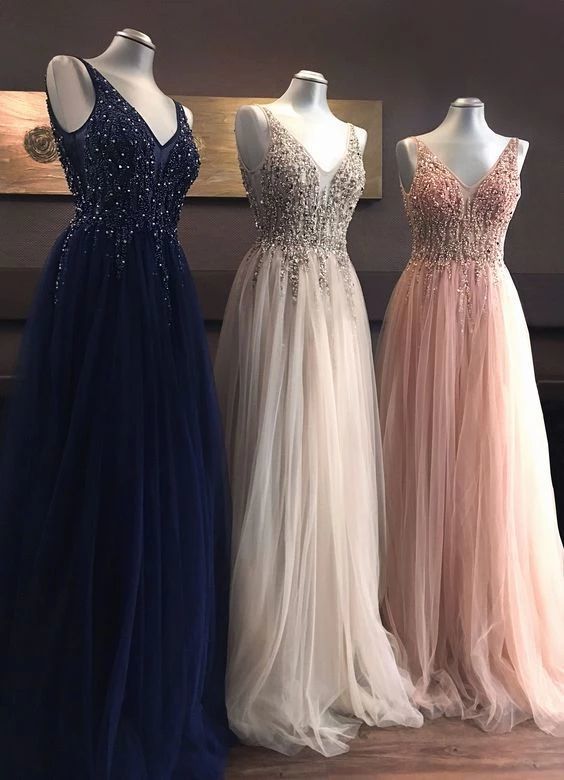 V Neck Prom Dress, Beaded Prom Dress, Lace Applique Prom Dresses, Elegant Prom Dress, Senior Formal Dresses, Tulle Prom Dress, Prom Dresses,