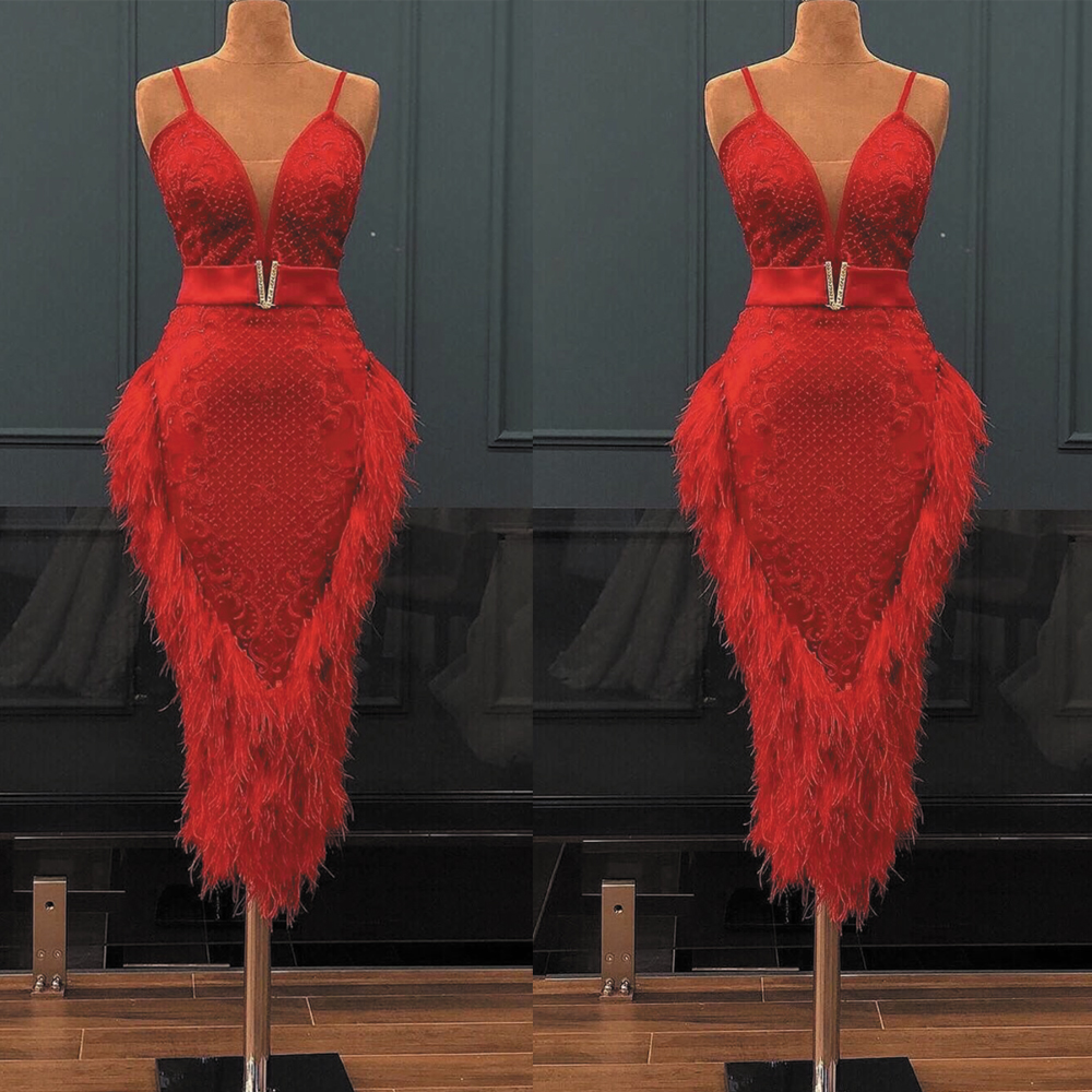 Feather Evening Dress, Luxury Evening Dress, Short Evening Dresses, Lace Applique Evening Dress, 2022 Evening Dresses, Mermaid Evening Dress, Red