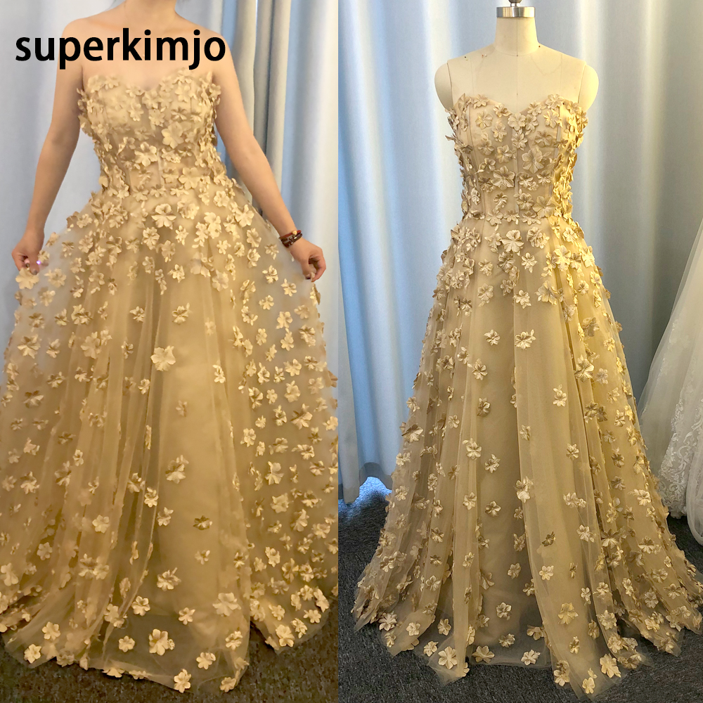 Gold Prom Dresses, Floral Prom Dress, Vestido De Festa De Longo, 2022 Evening Gown, Handmade Flowers Prom Dresses, Elegant Prom Dress, 2023 Prom