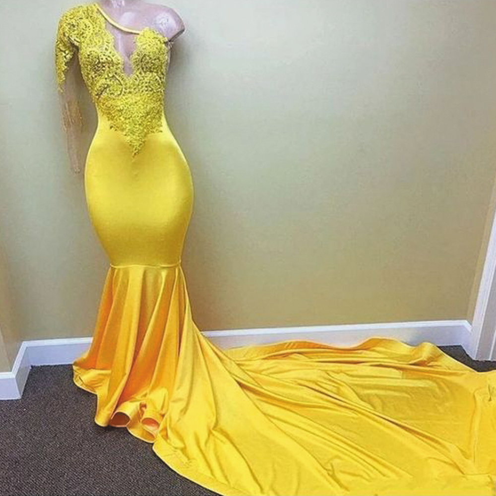 Yellow Evening Dress, One Shoulder Evening Dresses, Sexy Formal Dresses, African Evening Dress, Lace Applique Evening Dresses, Women Fashion,