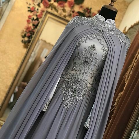 Gray Prom Dresses, Muslim Prom Dress, Robe Longue, Vestido De Longo, 2022 Prom Dresses, Dubai Caftan, Beaded Applique Prom Dresses, High Neck