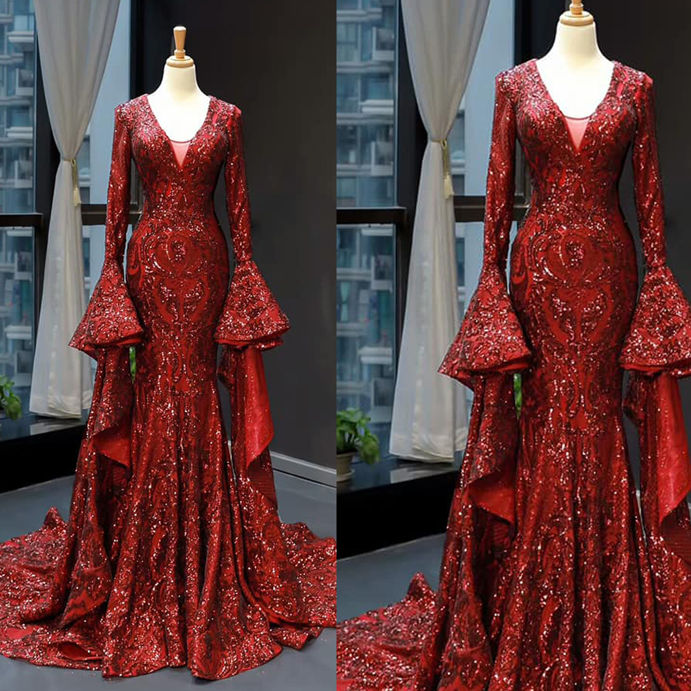 Sequin-Velvet Dark Red Long Prom Dress with V-Neck