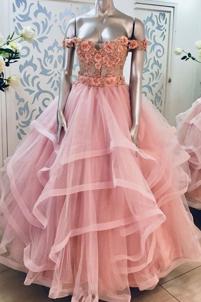 Off The Shoulder Prom Dresses, Pink Prom Dress, Floral Prom Dresses, Handmade Flowers Prom Dresses, Robe Tulle, Vestido Fiesta Mujer, Tiered Prom