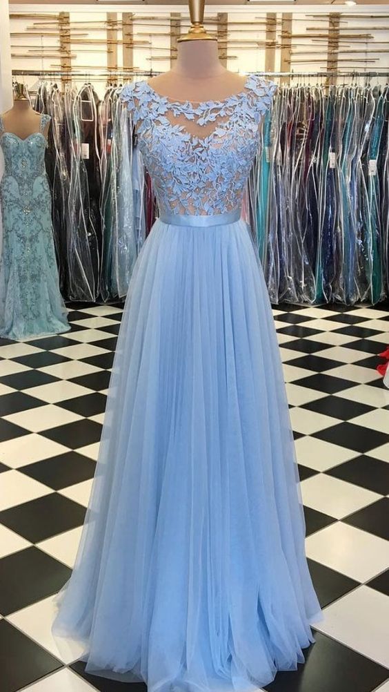 Blue Prom Dresses, Lace Applique Prom Dress, Prom Gown, Senior Prom Dresses, Lace Prom Dresses, 2024 Prom Dresses, Prom Dresses 2023, Prom