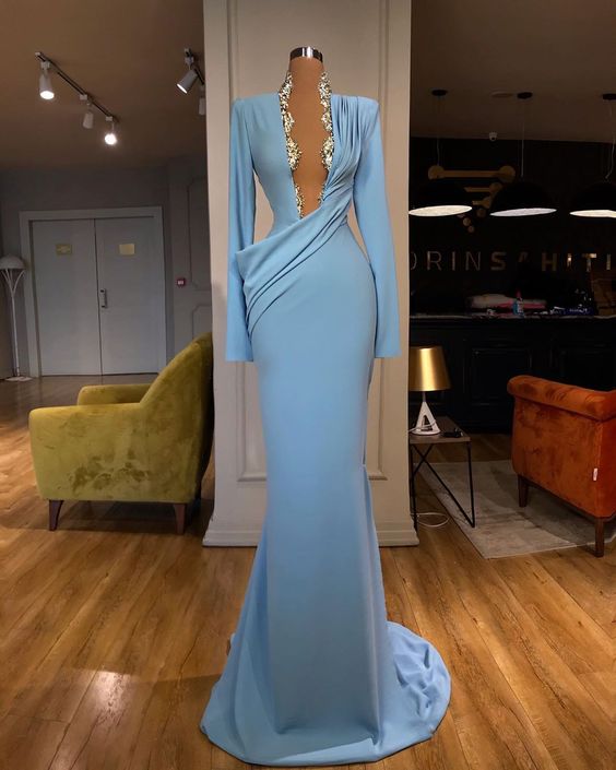 Blue Evening Dress, Deep V Neck Evening Dress, Lace Applique Evening Dress, Modest Evening Dress, Elegant Evening Dress, Formal Evening Gown,