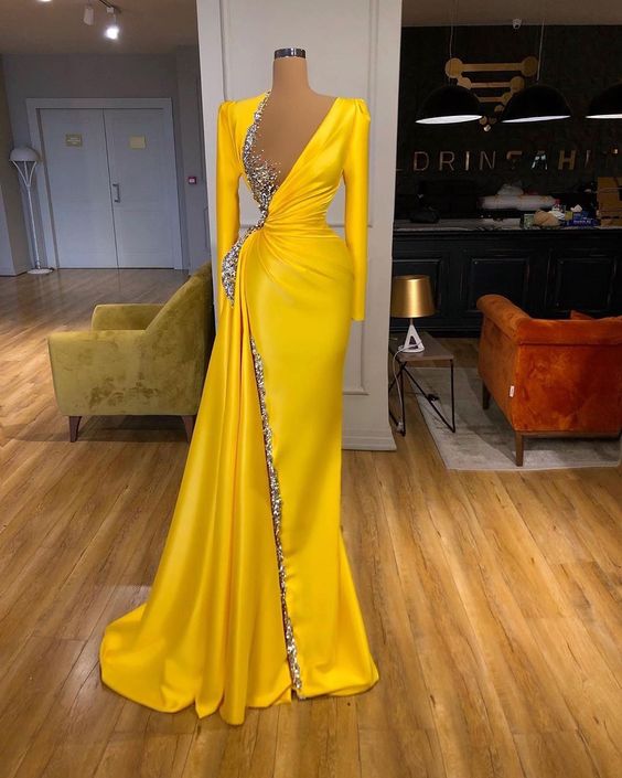 Yellow Evening Dress, Long Sleeve Evening Dress, Formal Wear, Beaded Evening Dress, Modest Evening Dresses, Robe De Soiree, Beaded Evening Gown,