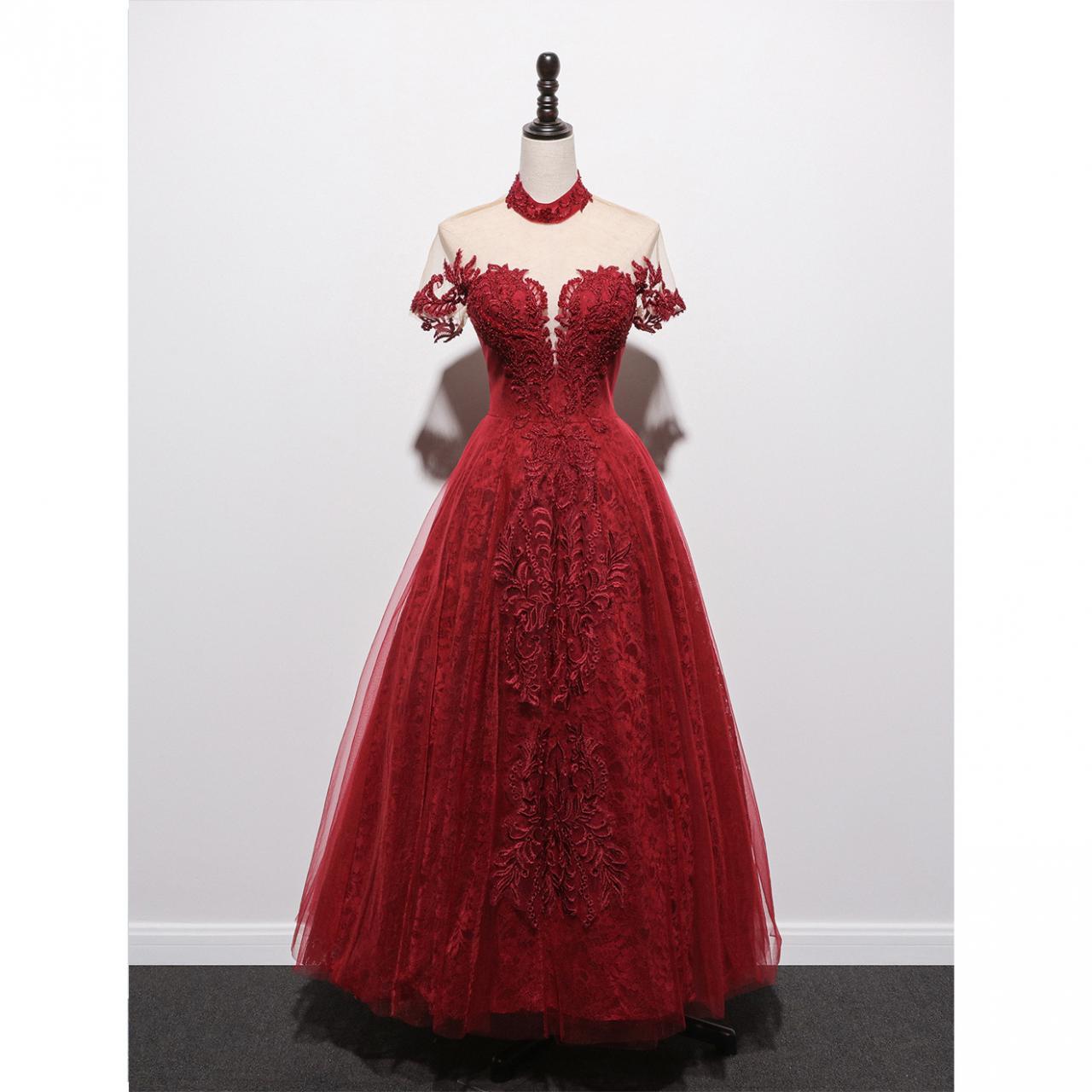 Red Prom Dress, Lace Applique Prom Dresses, High Neck Prom Dresses, Vintage Prom Dress, Robe De Soiree De Mariage, Elegant Prom Dress, A Line