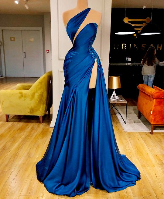 Blue Prom Dress, Beaded Prom Dresses, One Shoulder Prom Dresses, Pageant Dresses For Women, Lace Applique Prom Dresses, Prom Dresses, Prom