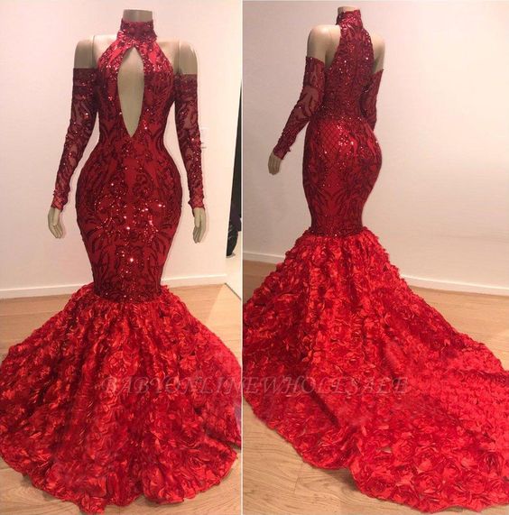 High Neck Evening Dress, Red Evening Dresses, Long Sleeve Evening Dress, Sparkly Evening Dresses, 2023 Mermaid Evening Dress, Sequin Applique