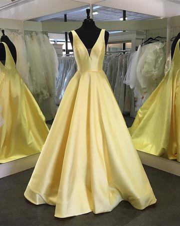 Yellow Prom Dress, V Neck Prom Dresses, Simple Prom Dress, Satin Prom Dresses, 2023 Prom Dresses, Elegant Prom Dresses, Robe De Soiree, Vestido