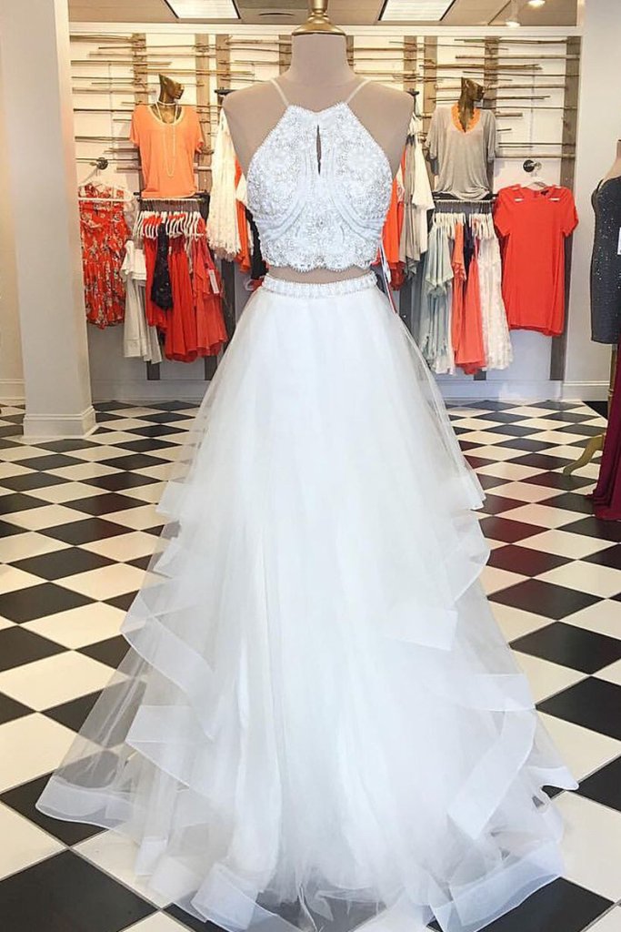 Simple white v neck tulle long prom dress white tulle formal dress –  dresstby