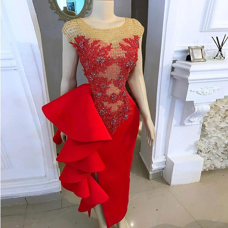Red Evening Dresses Long Lace Applique Mermaid Modest Beaded Elegant Sexy Evening Gowns Vestido De Fiesta
