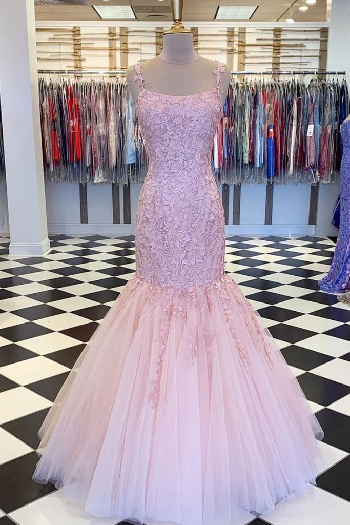 Pink Evening Dress, Lace Applique Evening Dress, Spaghetti Strap Evening Dress, Women Fashion, Mermaid Evening Dress, Formal Party Dresses,