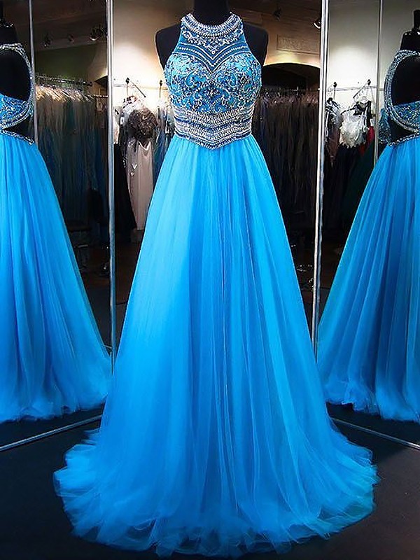 O Neck Prom Dresses, 2024 Prom Dress, Blue Prom Dress, Beaded Prom Dresses, 2023 Prom Dress, Luxury Prom Dresses, Robe De Soiree, Vestido De