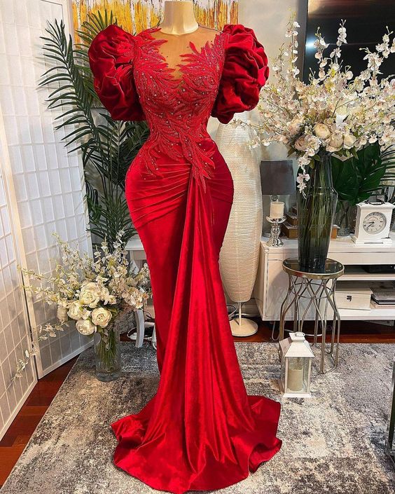 dubai fashion evening dress, red evening dress, elegant evening dress, mermaid evening dresses, lace applique evening dress, beaded evening dress, formal dress, evening gown, robe de soiree