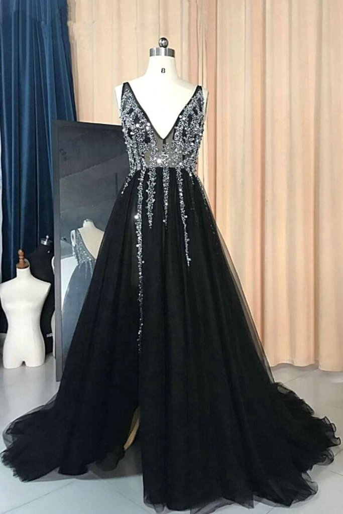 Black Prom Dress, Beaded Prom Dresses, V Neck Prom Dress, Robe De Bal, Elegant Prom Dress, Tulle Prom Dresses, Robe De Soiree, 2023 Prom Dress,
